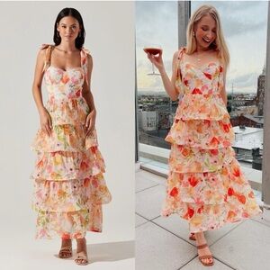 3New ASTR REVOLVE Zirconia Tie Strap Tiered Orange Poppy Watercolor Maxi Dress